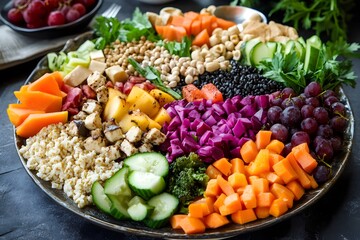 A platter of colorful plant-based foods, including fruits, vegetables, and whole grains