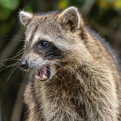 Close-up of a raccoon with detailed fur and whiskers against a blurred natural background