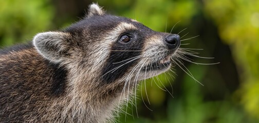 Close-up of a raccoon with detailed fur and whiskers against a blurred natural background