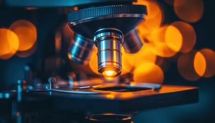 A microscope lens in sharp focus with blurred background lab equipment, microscope focus, scientific discovery