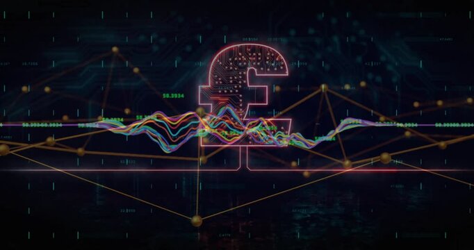 Animation of pound sign and digital data processing over dark background