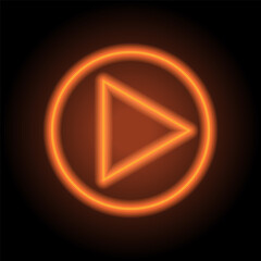 Play button simple icon vector. Flat design. Orange neon on black background