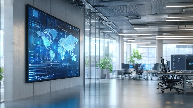 A digital transformation process map on a large screen in a tech office