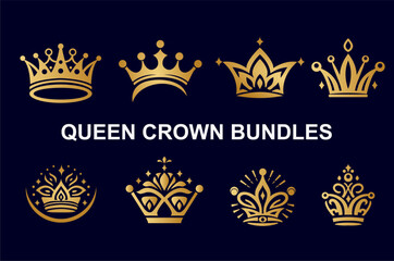 Golden Queen Crown Bundles. Unique Simple Queen Crown Logo Template for Beauty Cosmetic, Skincare, Salon, Woman Boutique Fashion Company