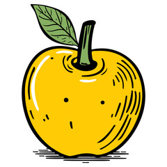 A yellow apple and green leaves