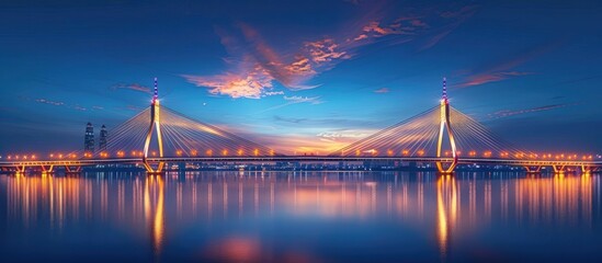 Fototapeta premium Stunning panoramic view of a modern cityscape with an illuminated suspension bridge spanning across a tranquil river reflecting the vibrant sunset colors in the calm waters