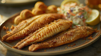 Crispy fried fish fillets served with coleslaw, lemon slices, and soft rolls, beautifully plated on a ceramic dish