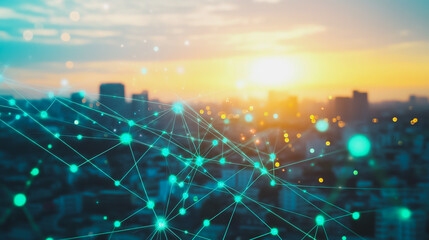 Smart digital city with connection cyber security network reciprocity over the cityscape . future smart wireless digital city and social media networking systems that connects people within the city