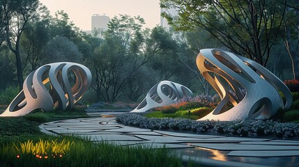 Enchanting Park Sculptures: 3D Geometric Plants and Flowers with Harmonious Lighting Effects