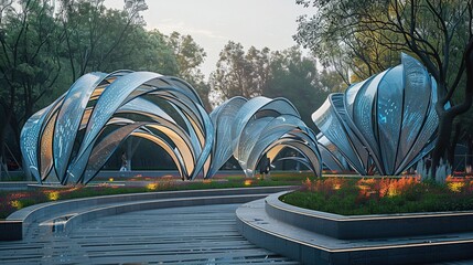 Fototapeta premium Enchanting Park Sculptures: 3D Geometric Plants and Flowers with Harmonious Lighting Effects