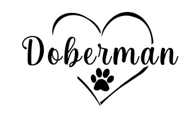 vecteur texte race doberman dans un coeur avec une empreinte de patte 