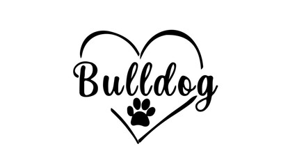 vecteur texte race bulldog dans un coeur avec une empreinte de patte 