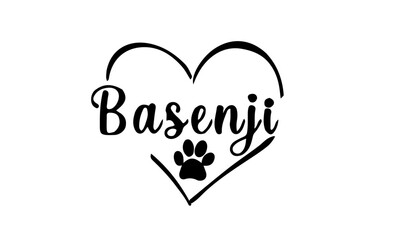 vecteur texte race basenji dans un coeur avec une empreinte de patte 