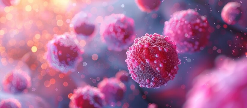 Surreal and dynamic microscopic particles in abstract red and pink glowing spheres representing a scientific or medical concept such as a virus microorganism or biological cells