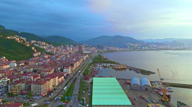 View a city with a large body.