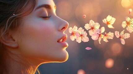 Fototapeta premium A serene profile of a woman surrounded by floating cherry blossoms in soft lighting.