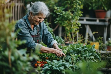 Old woman planting her tree with happiness at home