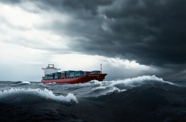 Dramatic Container Ship Navigating Rough Waters with Waves Crashing and Bright Containers Against Stormy Sky