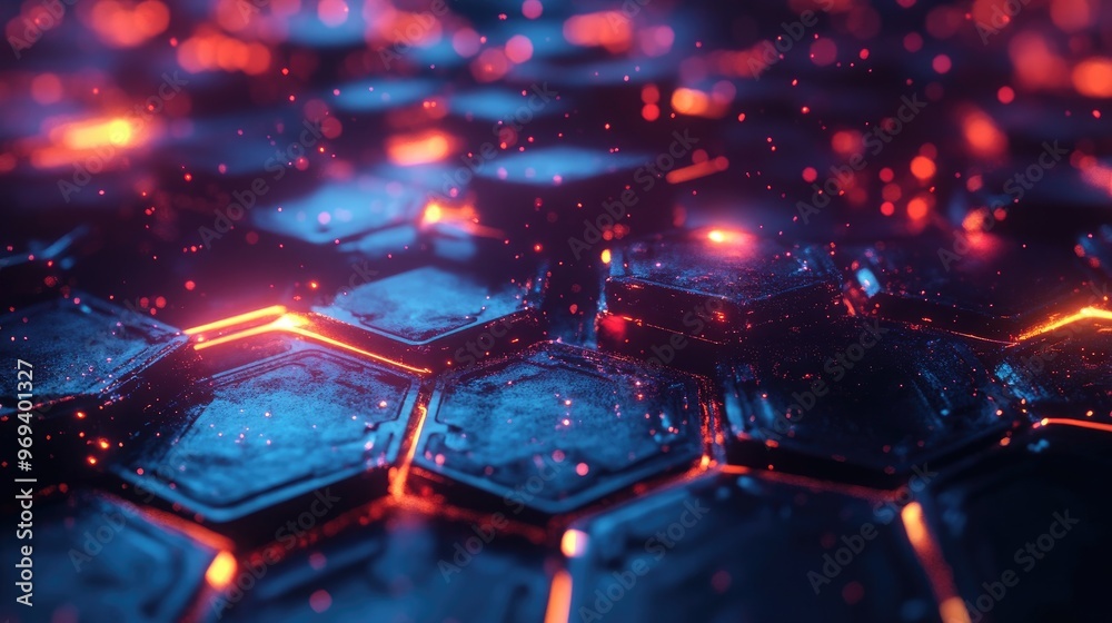Poster 3d rendering of glowing hexagonal shapes in space, representing advanced technology and digital conc