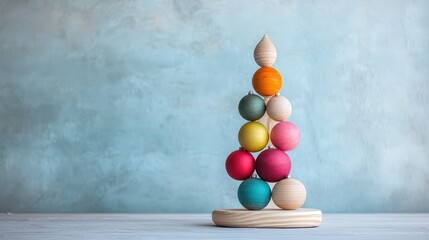 Sapin en bois empilé avec boules colorées sur fond bleu clair
