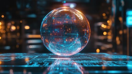 A 3D holographic data sphere hovering above a table, illustrating advanced data visualization tools