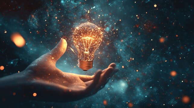 A 3D illustration of a hand reaching towards a glowing idea bulb, with digital particles and abstract elements