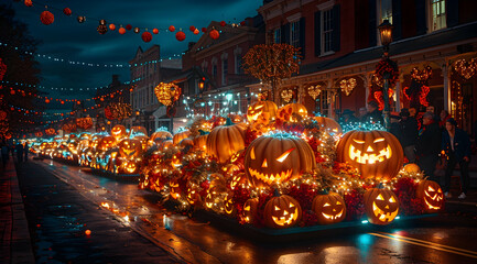 Obraz premium Illuminated Jack-O'-Lantern Parade on a Wet Street at Night - Realistic Image