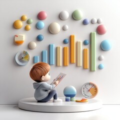 A business person working at a desk with a chart and a lot of money, illustrated in a flat, cartoon style