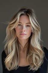 Naklejka premium Natural beauty portrait featuring a woman with long, flowing hair in a soft-lit setting, capturing serene expression and delicate features