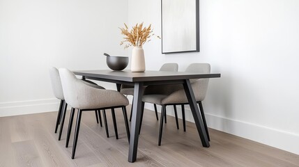 Contemporary dining setup, sleek table, elegant dining chairs, subtle decorations, natural light, airy feel, modern interior, stylish