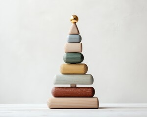 Sapin en bois empilé aux couleurs pastel avec sommet doré