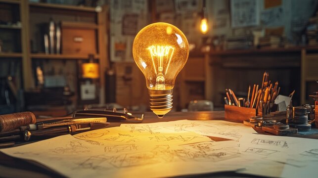 A close-up of an inventor's desk filled with sketches, tools, and a glowing light bulb, suggesting a breakthrough idea