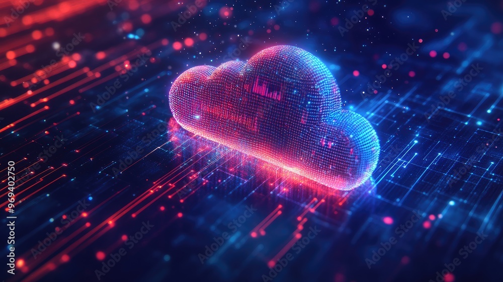 Poster a cloud storage concept with data streams flowing to and from a digital cloud icon, representing con