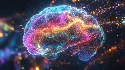 Fototapeta premium A colorful digital brain with circuits and light trails, symbolizing creativity in technology and artificial intelligence