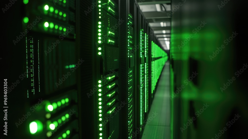 Poster a computer server room with glowing led lights, representing the backbone of digital data storage