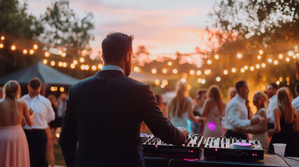 DJ spinning tracks at twilight outdoor wedding reception with string lights and dancing guests