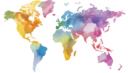 Colorful watercolor world map on transparent background.