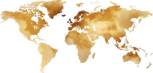 Colorful coffee stain paint world map on transparent background.