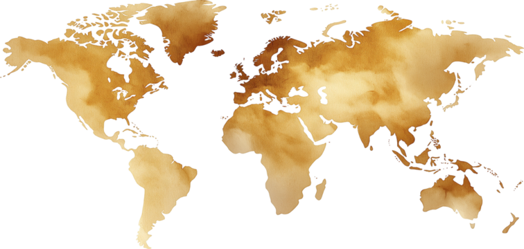 Colorful coffee stain paint world map on transparent background.