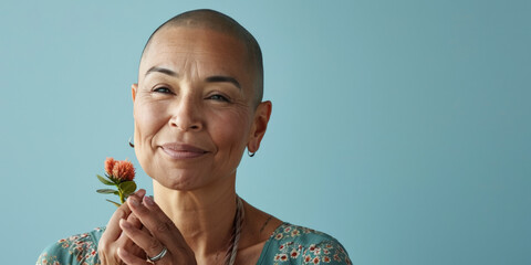 Native American woman holding flower for breast cancer awareness

