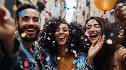 Diverse Group Celebrates Voting and Democratic Victory with Confetti and Balloons