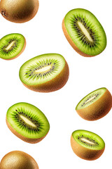 Fototapeta premium Falling kiwi fruit and kiwi cut in half isolated on a transparent background. cut out in PNG format for graphic design, isolated on a white background.