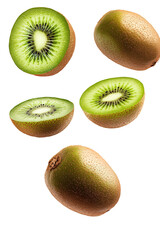 Fototapeta premium Falling kiwi fruit and kiwi cut in half isolated on a transparent background. cut out in PNG format for graphic design, isolated on a white background.
