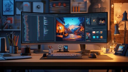 Naklejka premium A desk with a dual monitor setup, showing various creative software tools and open design projects