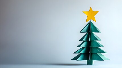 Stylized Origami Christmas Tree with Golden Star on Gray Background