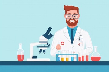 A cheerful scientist in a lab coat conducts experiments with colorful liquids and a microscope on a bright blue background.