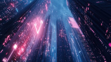 Fototapeta premium A digital cityscape with data streams flowing between skyscrapers, illustrating urban data integration