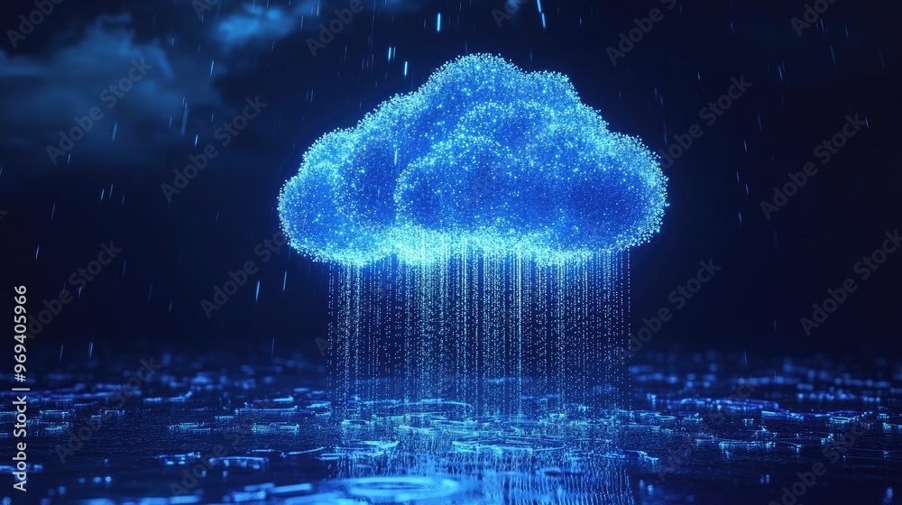 Poster a digital cloud with data falling like rain, symbolizing cloud computing and data storage solutions