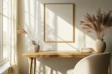 Mockup of a minimal home office with a wooden desk, empty frame on the wall, dried plants in vases, and natural light streaming through a window