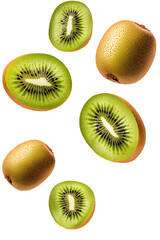 Fototapeta premium Falling kiwi fruit and kiwi cut in half isolated on a transparent background. cut out in PNG format for graphic design, isolated on a white background.